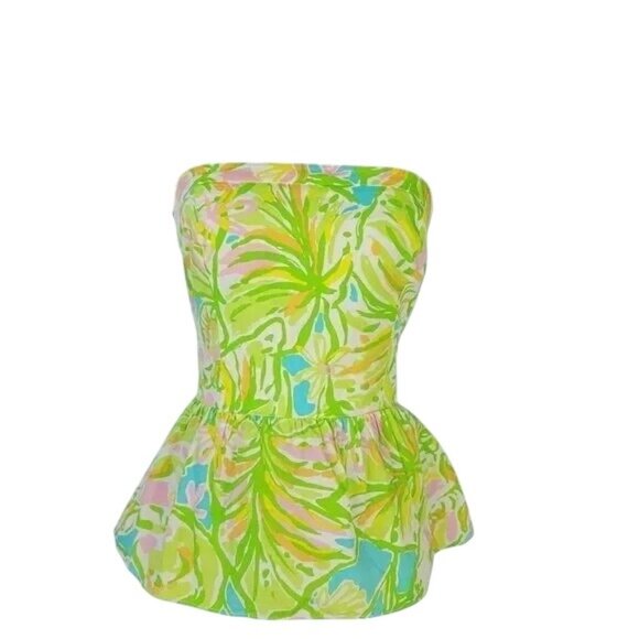Lilly Pulitzer Shandy Strapless Green Floral Peplum Blouse - Picture 2 of 6